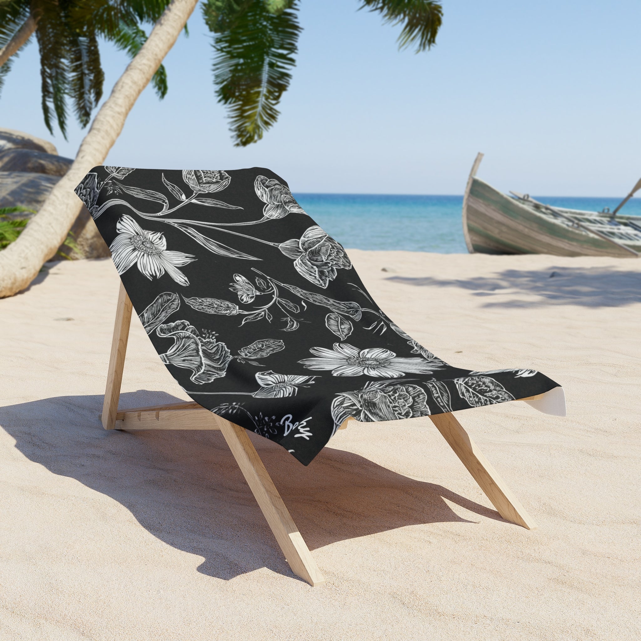 Black Floral Beach Towel