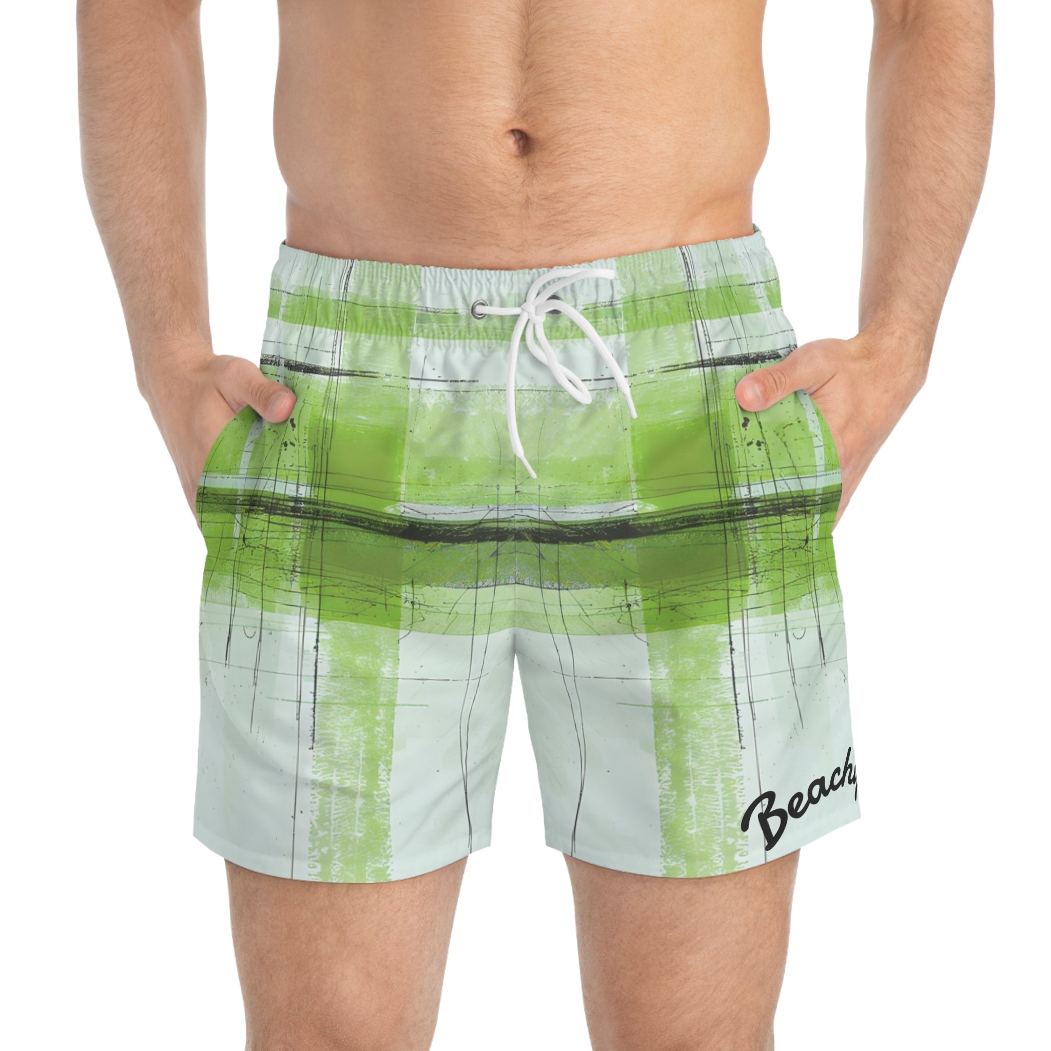 Green Abstract Stripe Swim Trunks