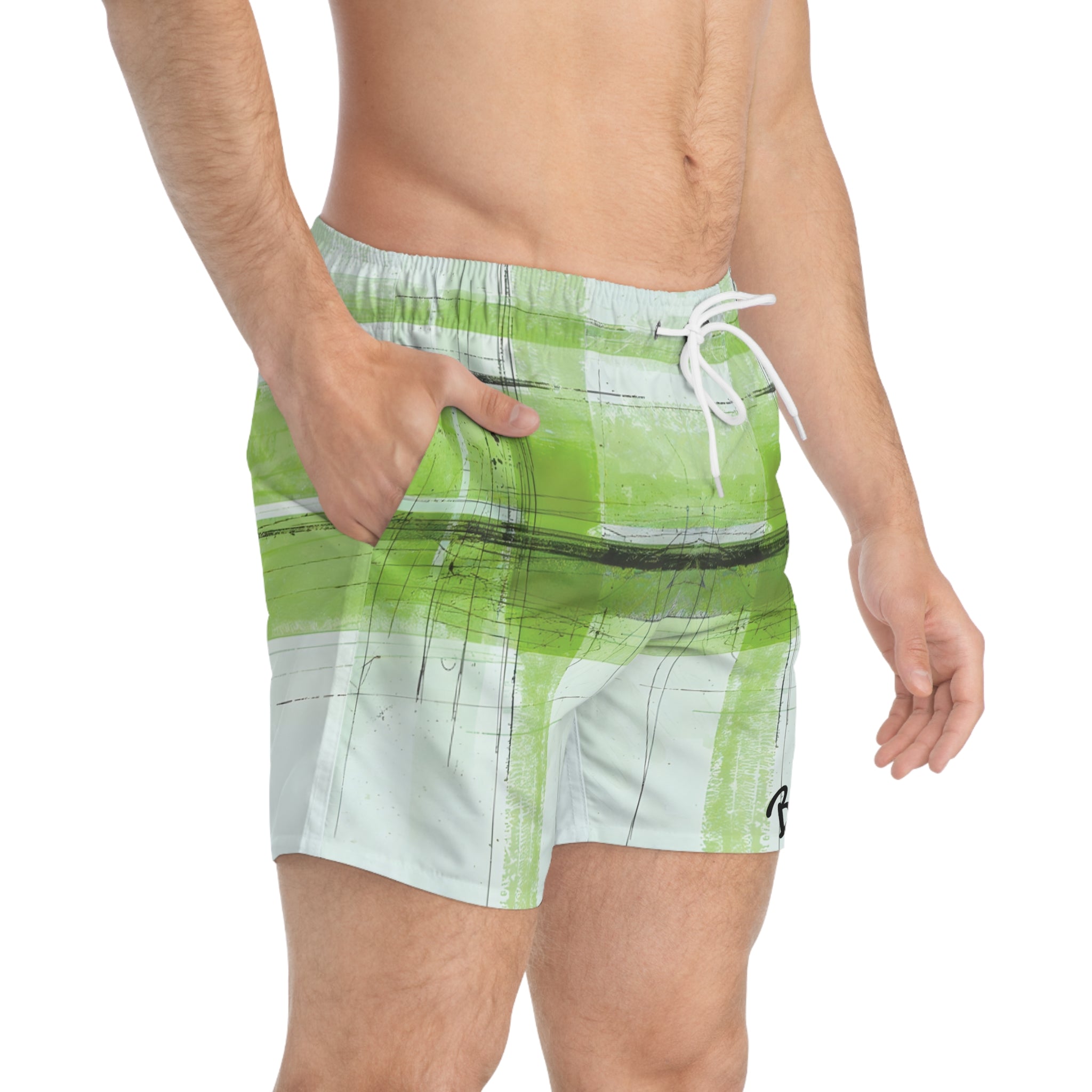 Green Abstract Stripe Swim Trunks