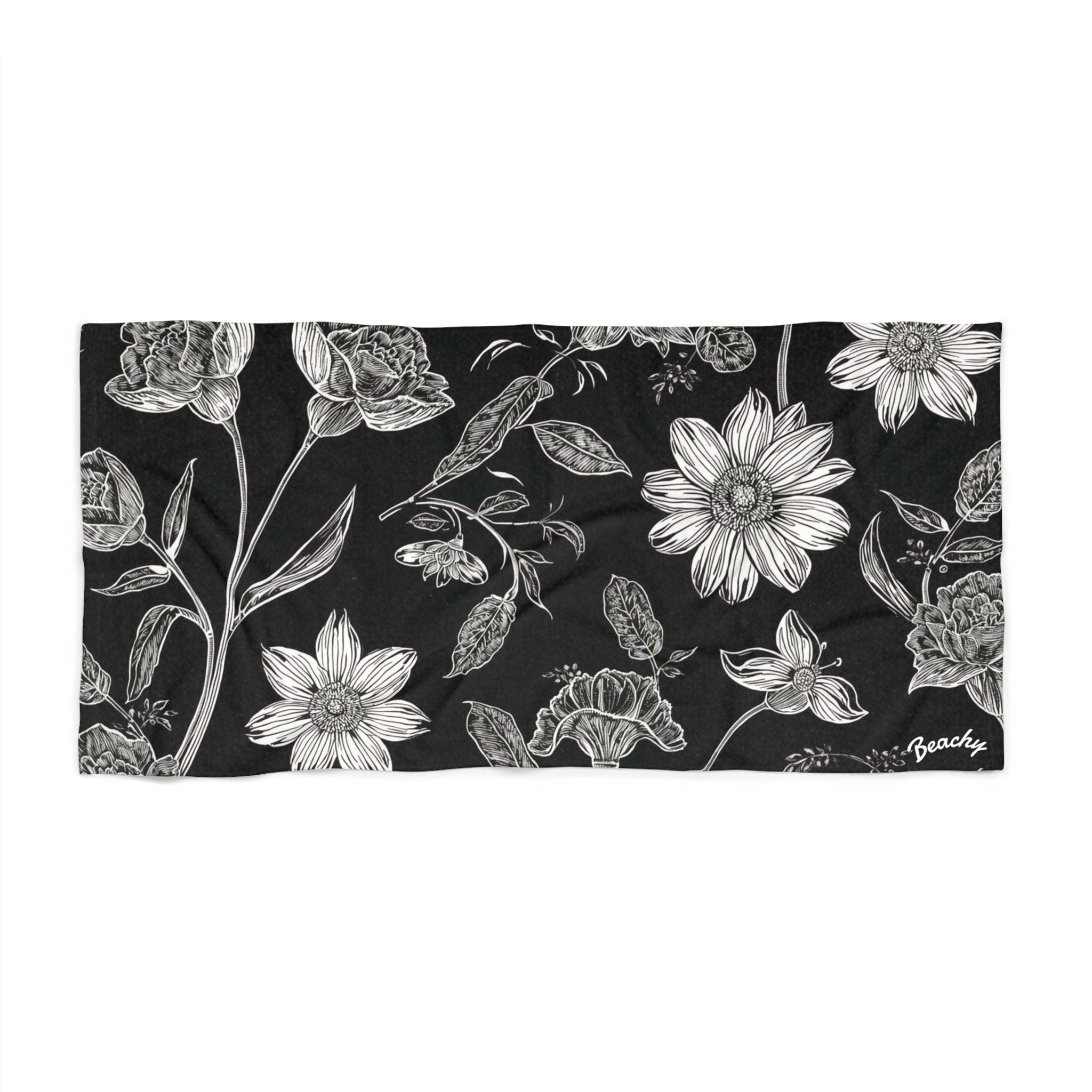 Black Floral Beach Towel