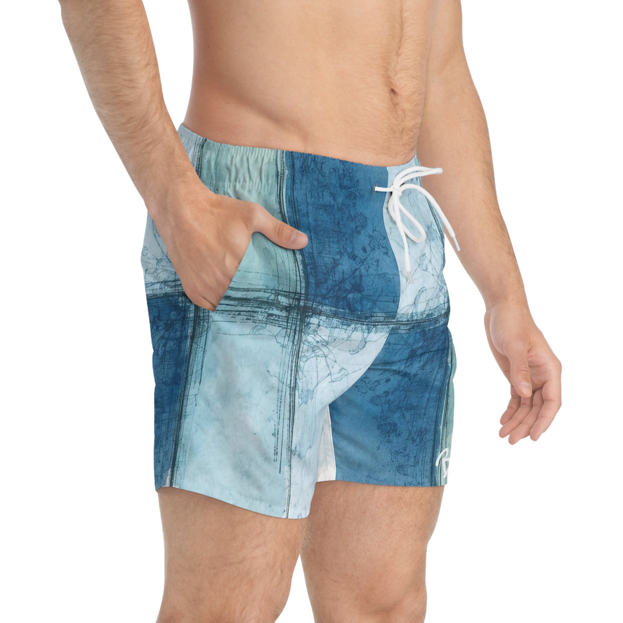 Blue Watercolor Block Swim Trunks