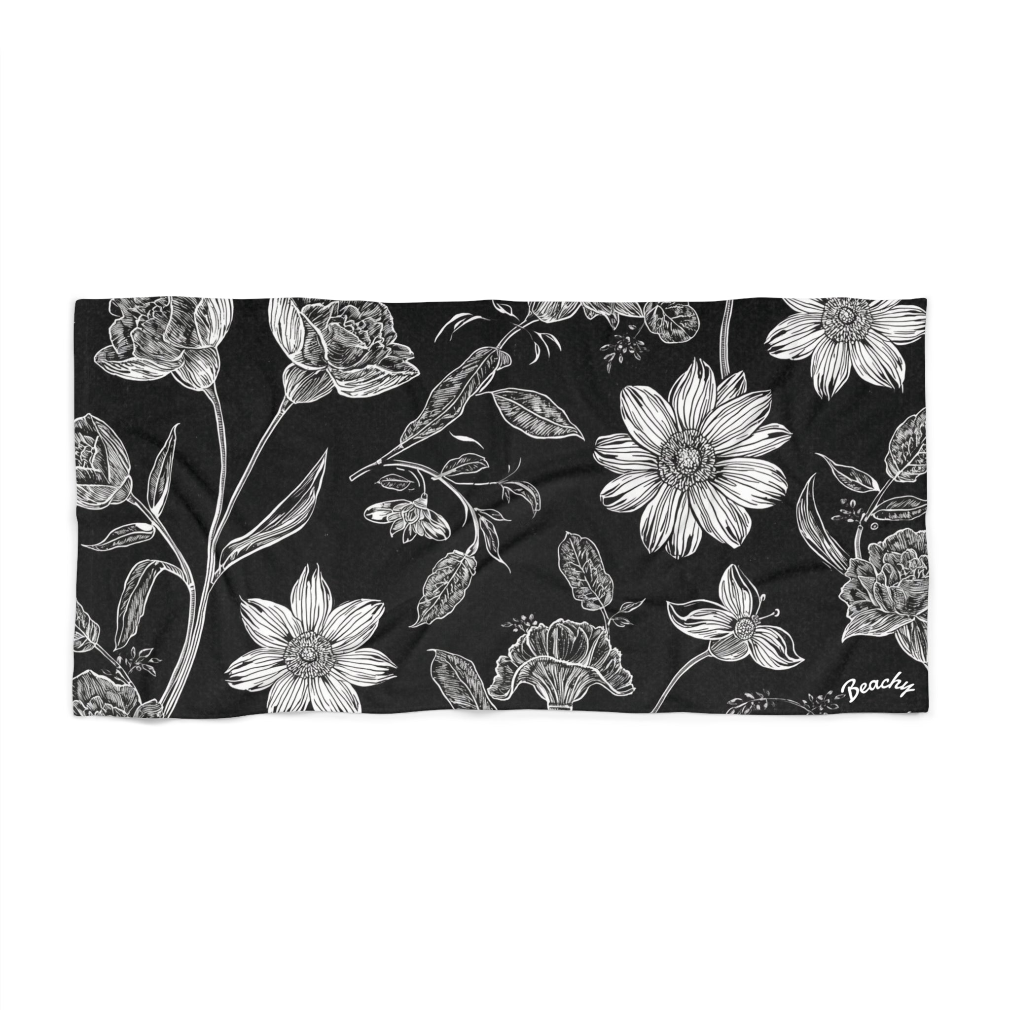 Black Floral Beach Towel
